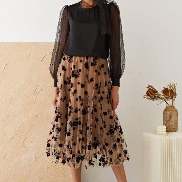 3D Posy Double-Layered Mesh Midi Skirt in Caramel - Picture 3 of 5